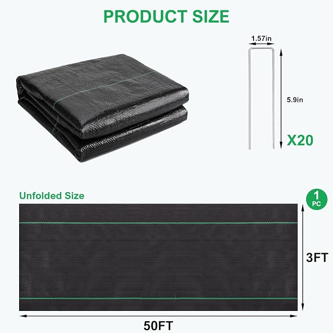 3ftx50ft Weed Barrier Landscape Fabric - 3.2oz Premium Heavy Duty Weed Block Ground Cover Mat with 20 U-Shaped Securing Pegs | Woven Geotextile Fabric for Weed Control Garden Cloth