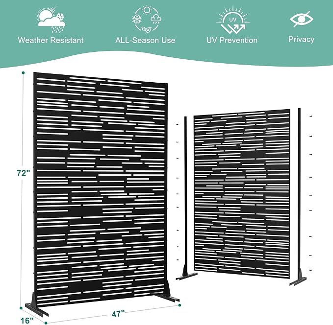 Metal Privacy Screen for Outdoor & Indoor Use, Free Standing Privacy Screen for Patio Garden Pool, 72" H x 47" W Decoative Privacy Panels, Weather Resistant, Easy Assembly (Black Shine)