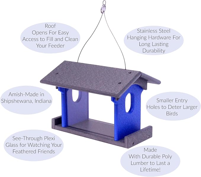 Bluebird Feeder - Poly Lumber - Hanging Blue Bird Feeder for Mealworms (Gray and Blue)