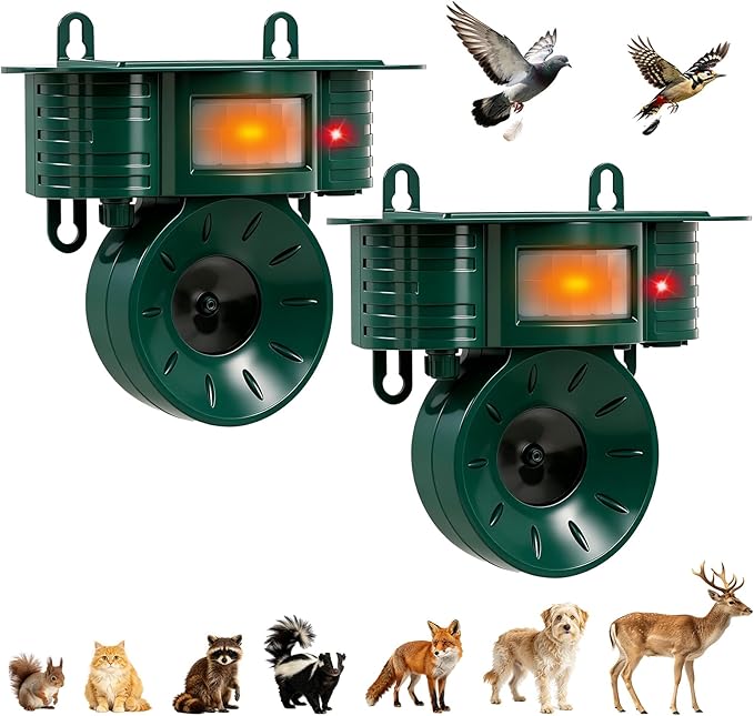 Squirrel & Deer & Birds & Rabbit Repellent Solar Powered, IP 65 Waterproof, Motion Detection, Ultrasonic Deterrent Outdoor, Cat Raccoon Skunk Dog Animal for Yard Garden Farm Patio Roof 2 Pack