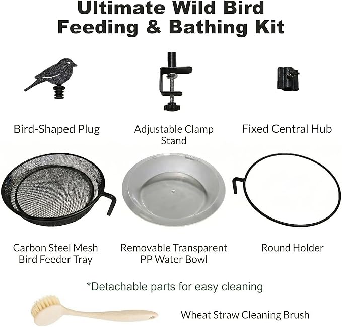 Deck Bird Feeder & Bird Bath for Balcony Railing, No-Drill Clamp Fits up to 2"/5cm – Heavy-Duty Metal Mesh Tray, Windproof Locking Water Bowl, Wild Bird Feeding Station with Cleaning Brush