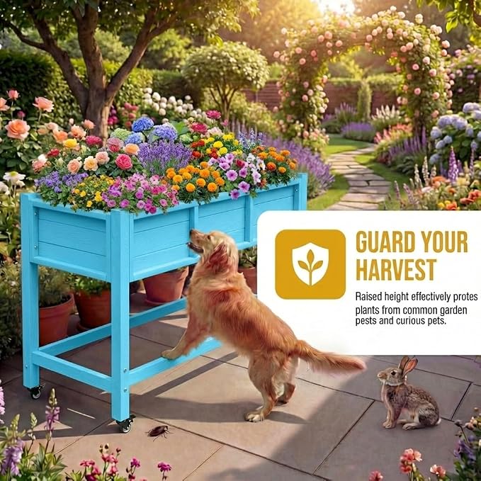 DWVO Raised Garden Bed HDPE with Wheels 47x18x31in Weather-Resistant Poly Wood Raised Planter Box Outdoor with Legs, Elevated Garden Bed for Patio Balcony Backyard, Blue