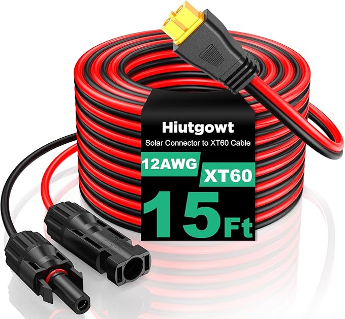 12AWG XT60 Solar Cable 15FT, Solar to XT60 Charging Cable 3 10 20 25 30 40 50FT, Solar Connector to XT60 Connector Adapter Cable, XT60 Extension Cable for Portable Power Station