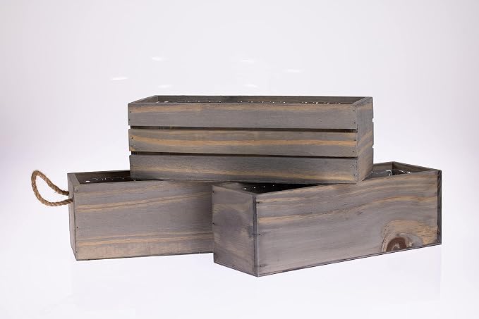 Wooden Planter Box with Handle I Rustic Barn Wood, Plastic Liner l Garden Decor l Restaurant and Wedding Decorations l Wedding Table Centerpiece (12x4 w Handle Set of 4, Natural)