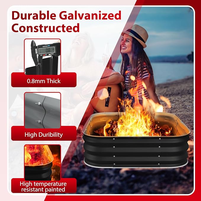 Height 11.5 Inch, Square Galvanized Steel Fire Pit for Outside, Heavy Duty Steel Fire Pit In-Ground for Backyard, Camping, Bonfire, Flower Raised Garden Bed for Garden (4X4X1 FT)