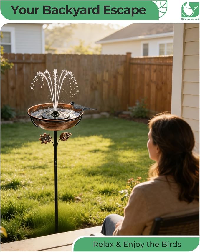 Metal Bird Bath with Solar Fountain - 12" Outdoor Birdbath Bowl + 6.3" Solar Pump with Battery LED Lights & with 4 Fixed Rods | Garden Bird Bath for Yard, Lawn, Patio, Flowing Water Feature