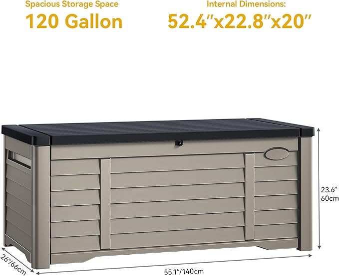 DWVO Outdoor Louver Storage Deck Box w/120 Gallon Capacity, Large Storage Box for Outdoor Pillows, Garden Tools and Pool Supplies, Resin, Waterproof, Lockable (Black & Brown)