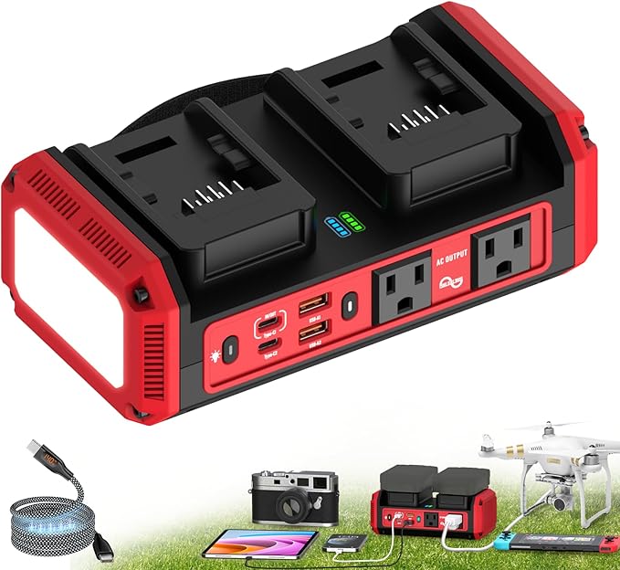 350W Pure Sine Wave Power Inverter Compatible with Milwaukee 18V Battery, DC 18V to AC 120V Inverter, 7A Fast Charger & 2 AC Outlet, 2 USB Ports & 2 Type-C Ports, 600LM LED Work Light (No Battery)