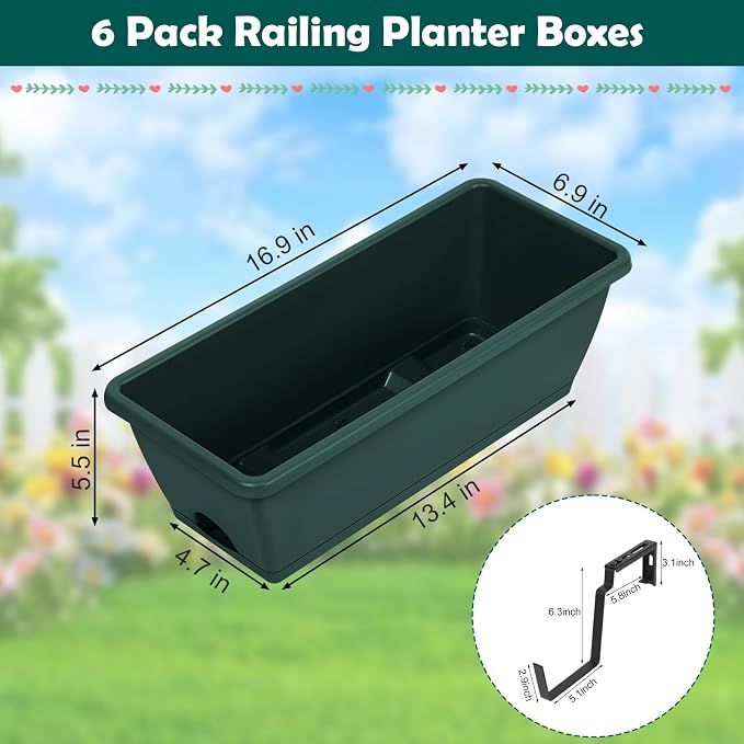6 Pack Deck Railing Planter Boxes Outdoor Fence Planters with Drainage Holes, 17’’ Window Boxes Planters with Adjustable Metal Brackets for Garden, Balcony, Patio, Green