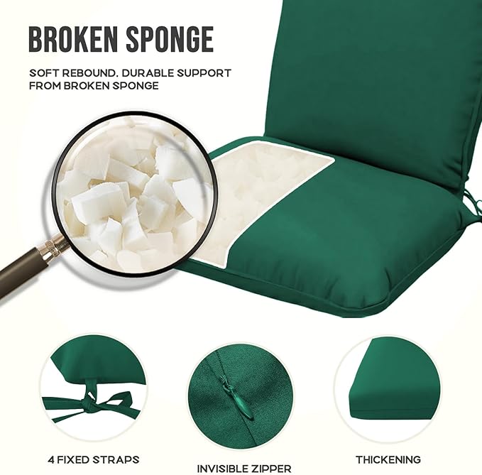 2 Pack Adirondack Chair Cushions, Waterproof & Fade-Resistant Outdoor Rocking Chair Cushion Set, Removable Seat Pads with Ties for High Back Dining or Patio Chairs, Green