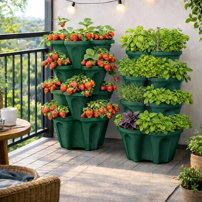 Large Vertical Planter Tower – 4 Tier Stackable Garden Planter, 16 Plant Sites, Commercial Grade Strawberry Planter, Heavy Duty Vertical Growing System with Center Support Hole (Deep Forest, Large)