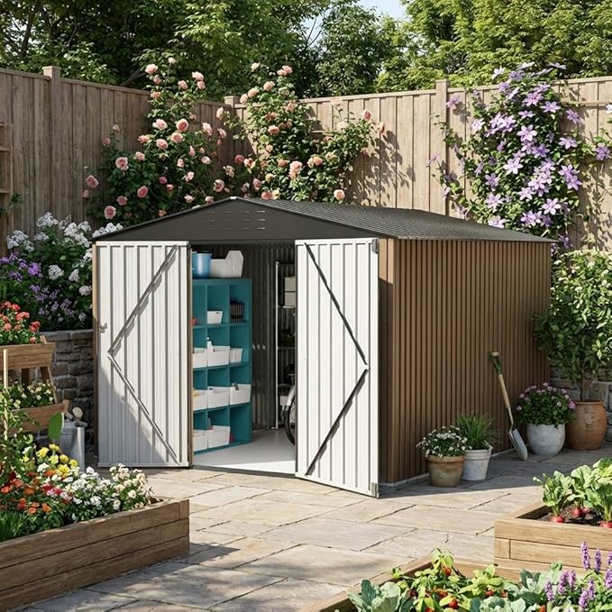 GarveeLife Large Outdoor Metal Storage Shed, 8x12 ft Metal Shed with Lockable Doors, Large Garden Tool Shed with Sturdy Frame Structure, for Backyard, Patio, Lawn, Brown