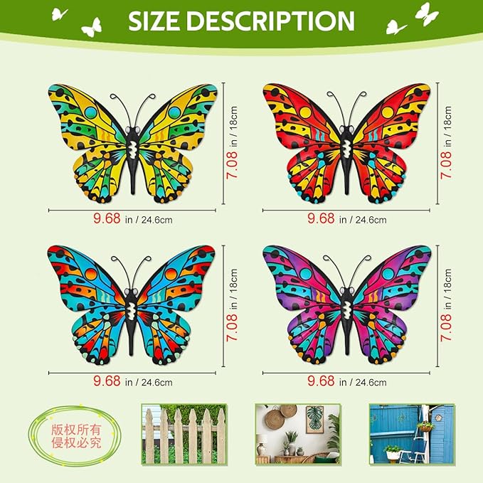 Metal Butterfly Wall Decor - 9.6" Outdoor Fence Wall Art Decor, Hanging Decoration for Garden Yard Living Room Bedroom Patio Balcony(4 Pack)