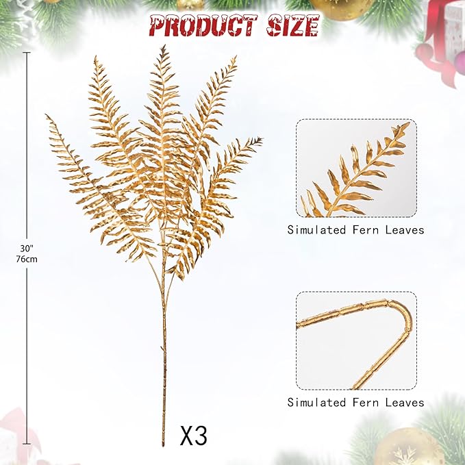 GnFlus 30” Artificial Gold Ferns Leaves Stems Christmas Long Branch 3Pcs Fake Leave Flower Tall for Christmas Tree DIY Xmas Wreath Garland Arrangment Vase