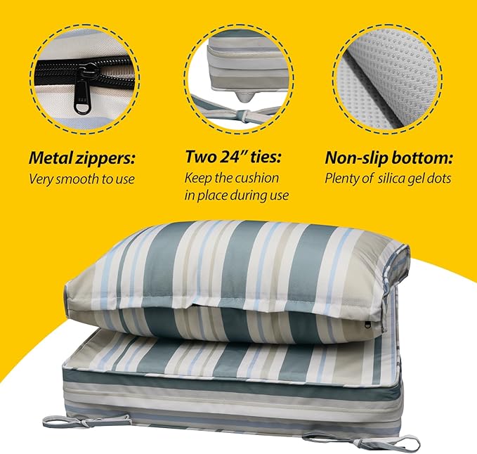 AAAAAcessories Outdoor Seat Cushions for Chairs, Fade-Resistant, Waterproof Patio Furniture Replacement Cushions, 24" x 24" x 5" + 24" x 13.5", Slate Gray Blue Coastal Stripe