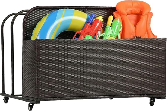 FDW Pool Float Storage Poolside Storage Bin Holder Storage Rack with Wheels PE Rattan Basket Open Compartments for Floaties Noodles Life Vests Beach Balls Equipment Cushions Patio furniture