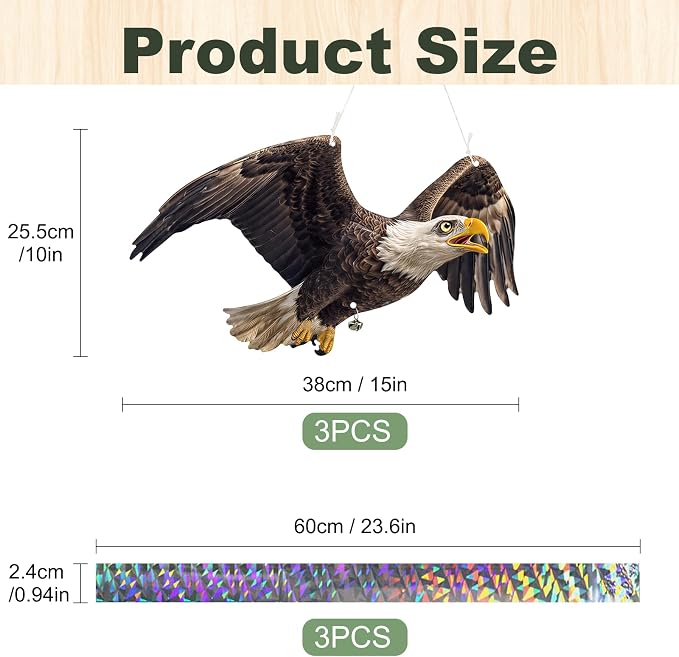 3 Pack Flat Fake Eagle to Keep Pigeon Woodpecker Animals Away, Hanging Cardboard Flat Fake Eagle with Reflective Tape to Scare Animals Away for Outdoor Garden Balcony Window Patio Backyard Porch