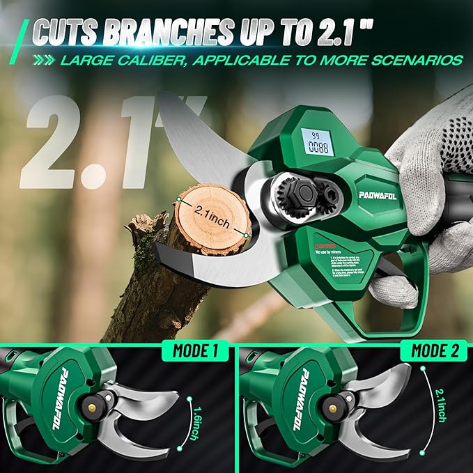 Electric Pruning Shears, 2.1" (54mm) Cutting Diameter Cordless Electric Scissors with LCD Display, 21V Brushless Motor Branch Cutter with 2 PCS Rechargeable 2000mAh Batteries & 2 Blades (Green)
