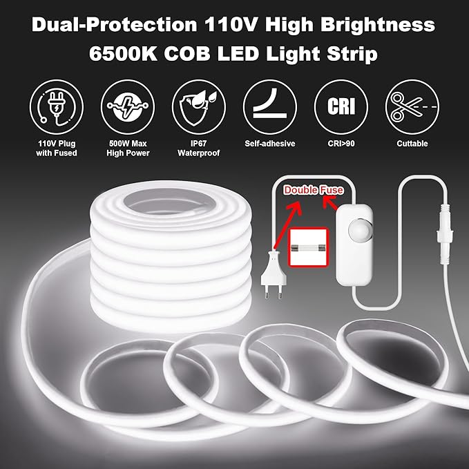Gliztech IP67 Waterproof COB LED Strip Lights AC 110V-120V Direct Plug, 100FT Super Bright Outdoor Strip Lights with Double Fuse Controller, 6500K White LED Strips for Garden Patio Commercial Decor