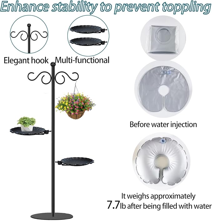 Upgraded 74" Shepherd's Hook for Bird Feeder，Floor Hanging Plant，Wind Chime Stand, Waterproof Metal & Adjustable-Height Standing Pole Holder for Lantern and Wreath, Indoor & Outdoor（2 Placement Racks)