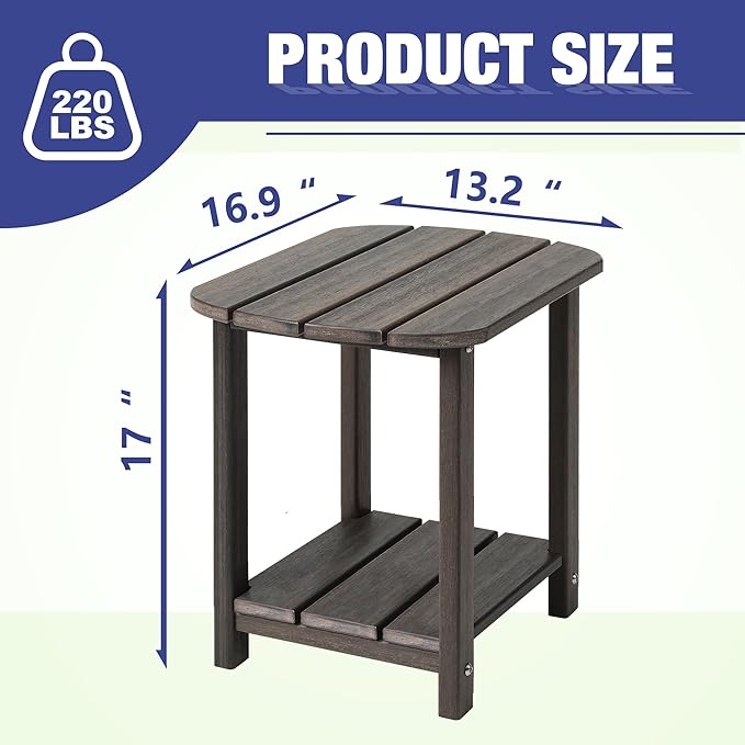 LZRS 2-Tier Patio Side Table, Heavy Duty HDPE Outdoor End Table with Wood Texture, Weatherproof Composite Table for Adirondack Chairs, Deck, Pool, Indoor/Outdoor, No Peeling Cracking(Brown Mixture)