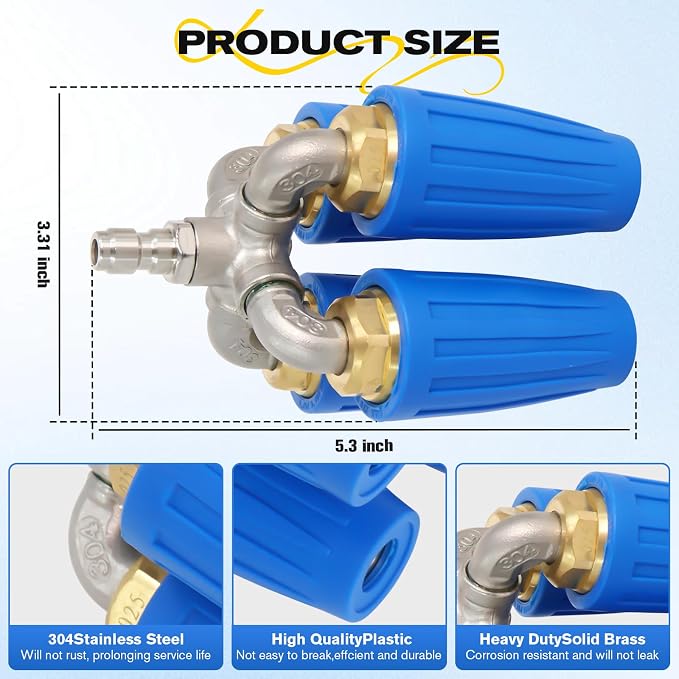 4-in-1 Turbo Nozzle for Pressure Washer, 360° Rotating Power Washer Nozzle Tip, 304 Stainless Steel & Brass, 5000 PSI Best Performance / 7000 PSI Max, 5–10 GPM, 1/4" Quick Connect
