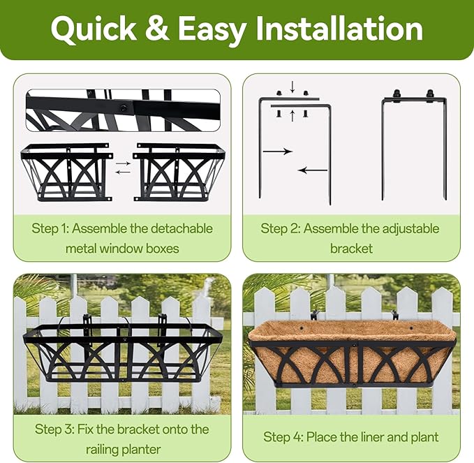 Halatool 24 Inch Heavy-Duty Metal Deck Railing Planter Box, 2 Pack Rust-Resistant Rectangular Window Boxes Planters with Coco Liner & Adjustable Brackets, Grow More On Your Balcony, Patio & Fence