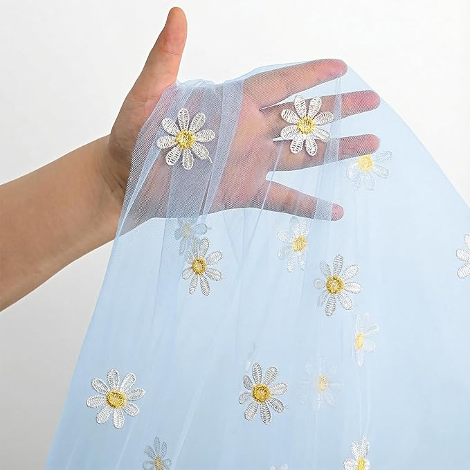 Horaldaily Blue Embroidery Daisy Spring Summer Gauze Tablecloth 52×70 Inch Rectangular, Seasonal Tulle Table Cover, Garden Party Decorations for Wedding, Party, Holiday Dining
