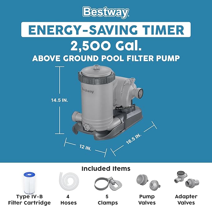 Bestway 2,500 GPH Filter Pump for Above Ground Swimming Pool with Type IV-B Cartridge, Adapter Accessories and Timer