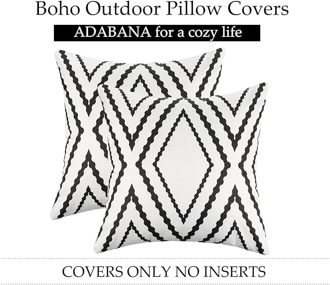 Adabana Outdoor Waterproof Throw Pillow Covers Set of 2 Boho Geometric Pillows Cover for Patio Garden 20 x 20 Inch White