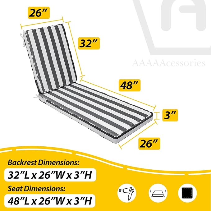 AAAAAcessories Outdoor Chaise Lounge Cushions, Waterproof Patio Furniture Replacement Cushions, Fade-Resistant, 80" x 26" x 3", Gray Cabana Stripe