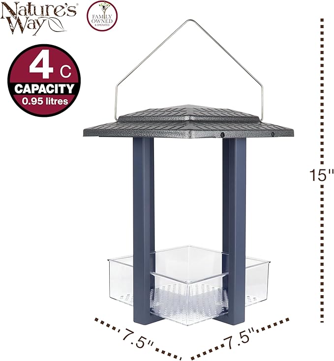 Nature's Way Fly-in Hanging Metal Fly Through Bird Feeder with Roof, 4 Cup, Easy to Clean and Fill, Wild Bird Feeder and Outdoor Décor, Blue
