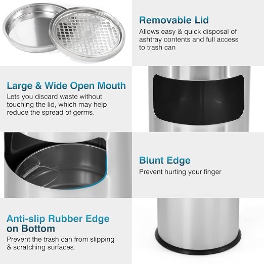 IRONWALLS Indoor Outdoor Trash Can with Lid, Silver Floor Standing Stainless Steel Garbage Bin with Removable Inner Barrel, Commercial Waste Bin Container Trash Receptacle, Patio Garbage Can