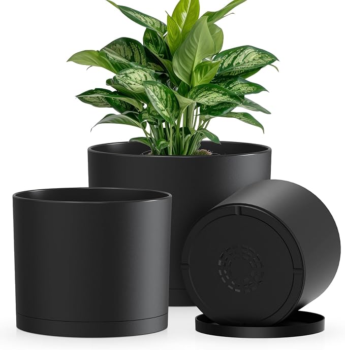 Plant Pots, 10/9/8 Inch 3 Pack Cylindrical Flower Pots with Drainage Holes and Saucers, Plastic Planters for Outdoor Indoor Plants,Black
