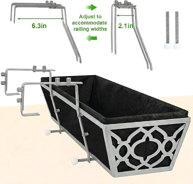 Y&M 30'' Metal Railing Planter Box Set with Black Non-Woven Fabric Liner, Flower Boxes with Adjustable Brackets, 2 Pcs Large Hanging Window Boxes for Fence, Deck, Balcony, and Garden - Gray