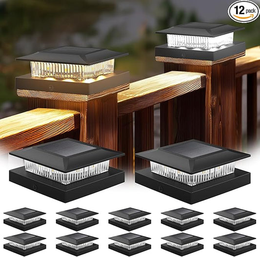 12 Pack Solar Post Cap Lights 4x4, Dual-Color Waterproof Fence Post Solar Lights, Fits 4x4 Vinyl or 3.5x3.5 Wood Posts, Dusk to Dawn Outdoor Lighting for Deck, Garden & Porch Decor, Black