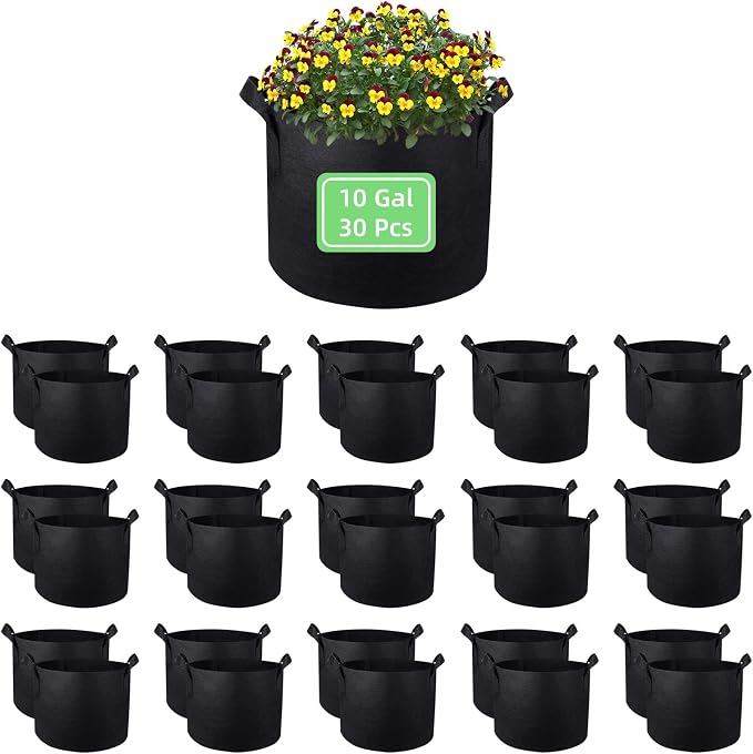 10 Gallon Garden Grow Bags, 30 Pack 10 Gal Planter Bags Fabric Pot Bags, Nonwoven Grow Bags Heavy Duty Aeration Pots with Handles, Garden Fabric Planters for Vegetables Flowers (Black)