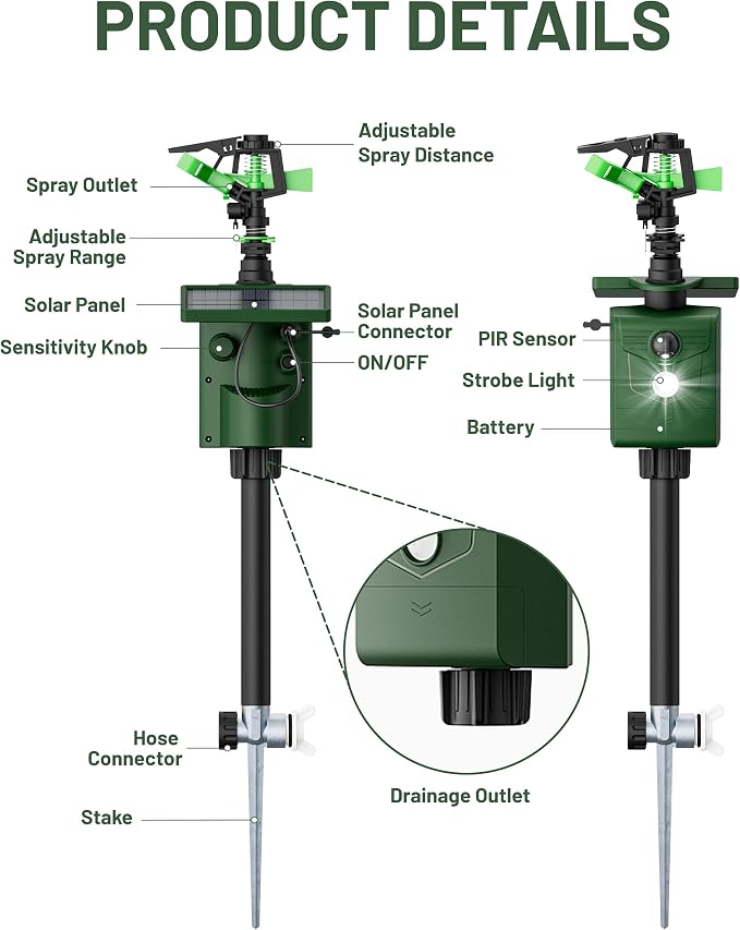 Solar Motion Activated Animal Repellent Sprinkler with Upgraded Metal Stake, Cat Dog Deer Squirrel Skunk Deterrent for Lawn, Garden & Yard