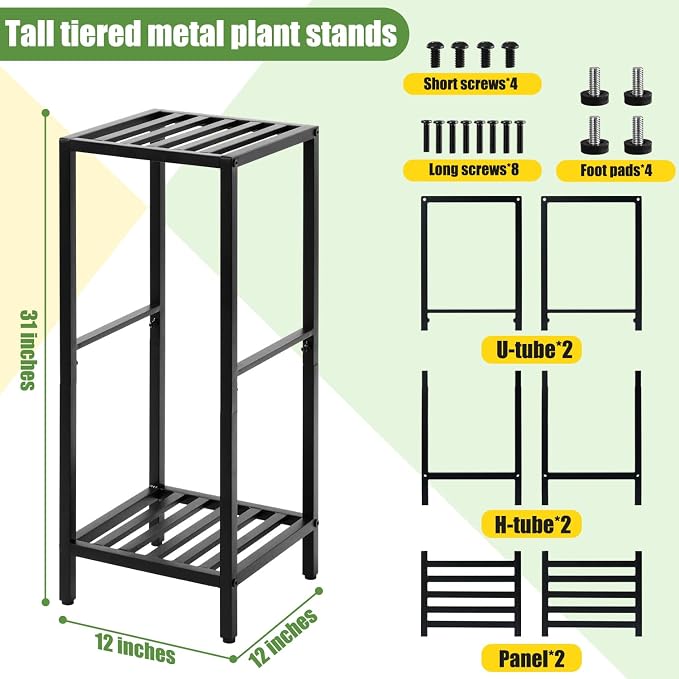 Party Zealot 2-Tier Tall Metal Square Plant Stand 31” Heavy-Duty Modern Flower Pot Rack for Indoor Living Room, Corner Side Table for Outdoor Patio, Garden, and Balcony, Black