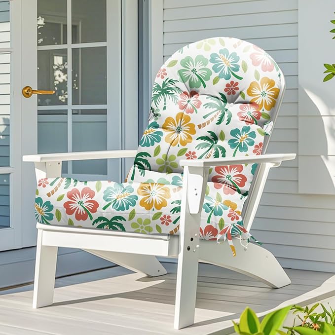 Adirondack Chair Cushion Waterproof Indoor Outdoor Rocking Chair Cushion 44 Inches Patio High Back Chair Cushions Thickened Adirondack Rocking Chair Cushions with Ties, Green Coconut Tree