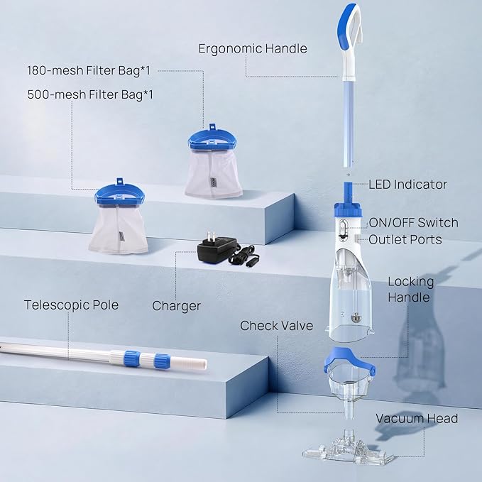 Cordless Pool Vacuum for Above Ground & Inground Pools, Consciot Handheld Rechargeable Pool Cleaner, 1110 GPH Suction, Telescopic Pole up to 87.5", 75Min Runtime, See-Through Head for Debris & More