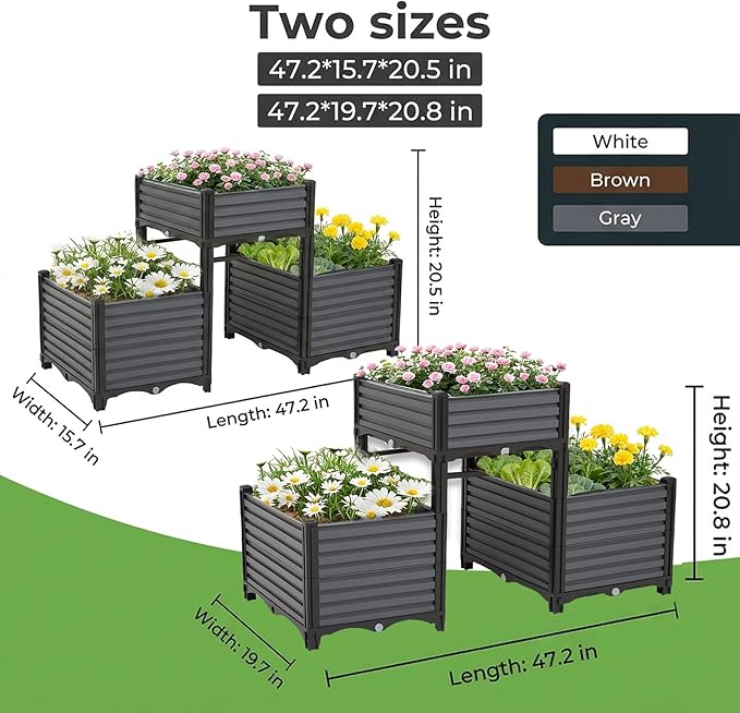 3PCS Raised Garden Beds Outdoor with Legs Planter Box, 47x16x21in Reinforced Support Rods, Drainage Grid, Multi-Combination Options for Vegetables, Flowers, Herbs, Ideal for Balcony, Patio Gardening