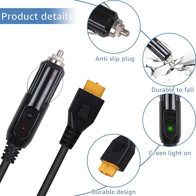 Portable12V/24V car Charger Suitable for Ecoflow Delta/River, Bluetti EB55, Anker 757/767 and XT60 connectors Solar Power Plants, Compatible with Ecoflow Wave 2 Cigarette Lighter Cables