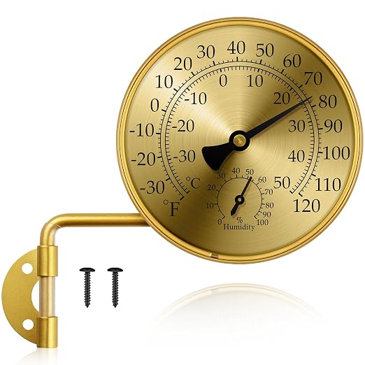 4 Inch Analog Outdoor Thermometer Hygrometer, Brass Mechanical Weather Station with Rotatable Wall Mount, Waterproof Large Dial Easy-Read Numbers for Patio Garden Greenhouse Home Outside