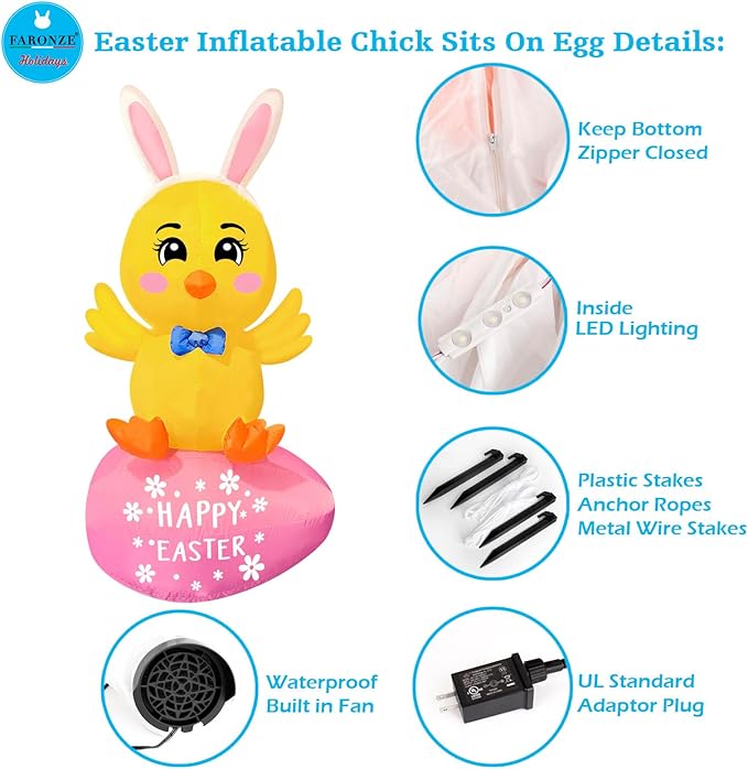 Easter Inflatable Chick On Egg Happy Easter Blow up Outdoor Decoration with LED Lights, Yard Garden Lawn Outdoor Decoration Front Door Holiday Decor (5Ft Chick Sits on Egg)