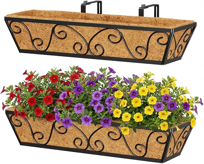 Y&M Outdoor Rectangular Window Box Planter, 24-Inch 2PCS Deck Railing Planter Boxes & Hanging Railing Planters with Coco Coir Liner, Rust-Resistant Steel, Large Capacity for Balcony, Porch, and Garden
