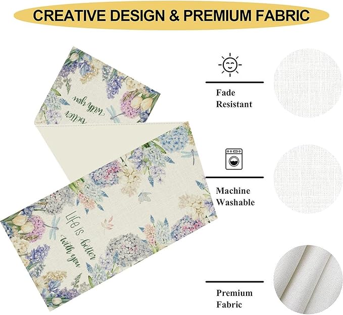 Blue Floral Table Runner, Rustic Country Watercolor Spring Summer Seasonal Hydrangea Flower Dragonfly Farmhouse Table Center Decor for Family Kitchen and Dining Party Table Decorations, 13"x90"