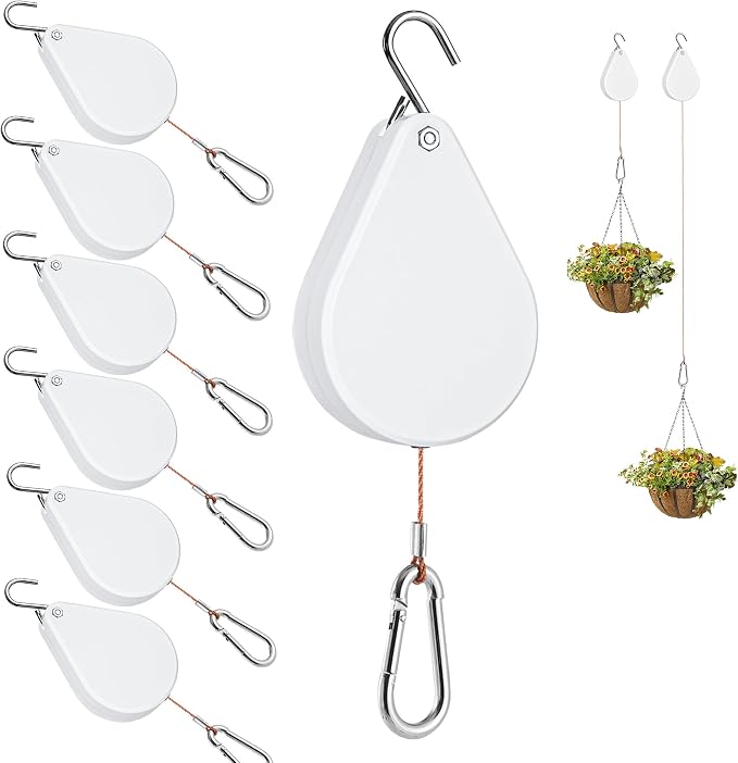 2026 Upgraded Retractable Plant Hanger,Plant Pulleys for Hanging Plants,Easy to Raise and Lower,Quick Lock,Heavy Duty, Adjustable Hook for Garden Baskets Pots,Birds Feeder,(6Pcs,White)