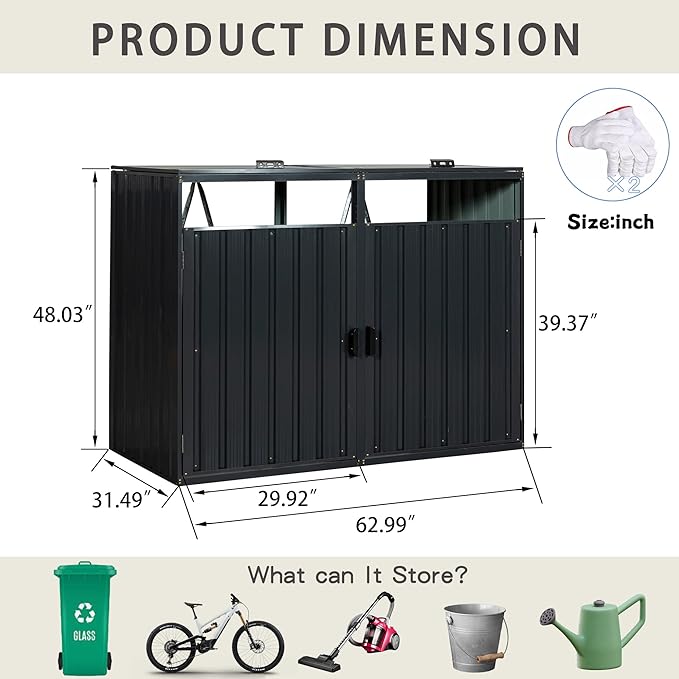YOPTO Garbage Bin Storage Shed for 2 Trash Cans,Outdoor Trash Can Storage for Patio,Stainless Galvanized Steel Bin Shed,Rust-Proof & Scratch-Resistant Trash Can Hider,for Garden,Yard,Lawn,Black