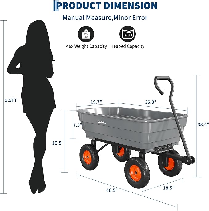 Garvee Poly Garden Dump Cart, Heavy Duty 600lbs Wheelbarrow Yard Cart Dump Wagon with 10”All Terrain Wheels, Garden Utility Wagon with Quick Release System& Convertible Handle Attach to ATV (Gray)